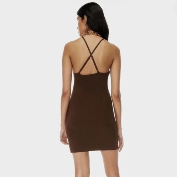 Aritzia Babaton chocolate brown Anderson Sculpt Knit Halter Dress - Large NWOT - Picture 3 of 4